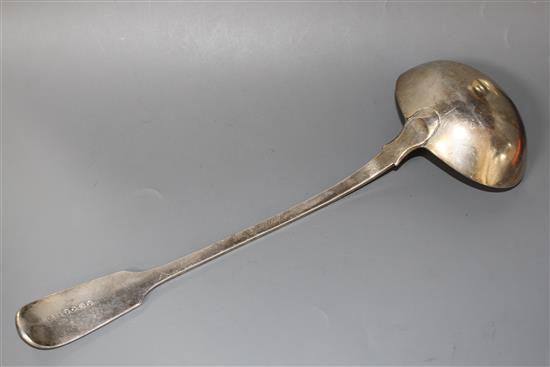 A Victorian silver fiddle pattern soup ladle, by William Eaton, London, 1845,